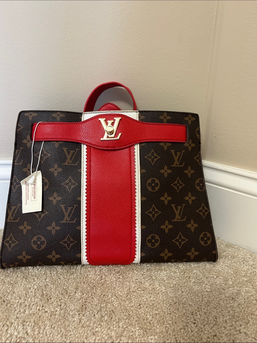 Brown Monogram Satchel with Red and White Trim